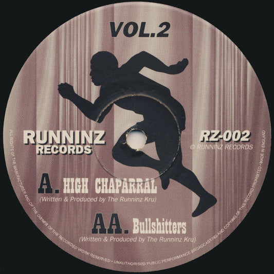 Image of Front Cover of 12" - /G+ - THE BOOGIE DOWN KRU, Vol. 2 - Boogie Down / Cake (Runninz Records; RZ-002, UK 1995, Plain Sleeve), Strong G+, light marks only., The first 2 releases on Runninz Records are mixed up. RZ-001 lists the names of the tracks that can be found on RZ-002 and vice versa. - 3926033E