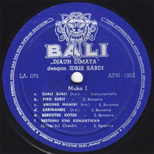 Image of Label Cover of LP - VG/VG - IDRIS SARDI, Djauh Di Mata (Bali Records; ARN-1002, Indonesia ), ,  - S