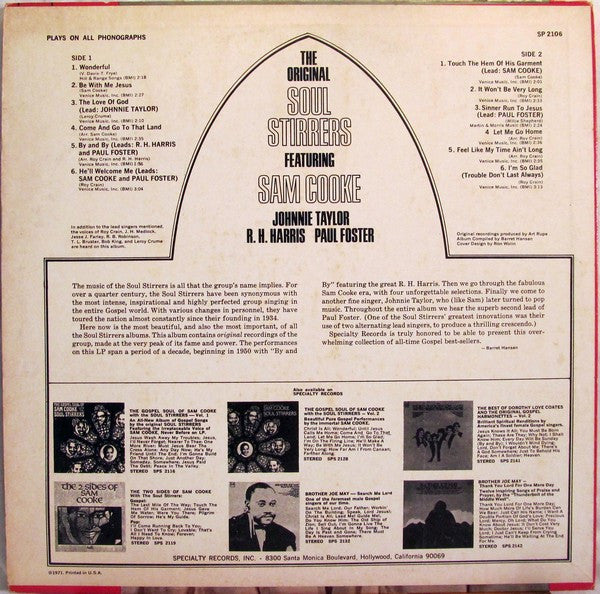 Image of Back Cover of 1124249E: LP - THE SOUL STIRRERS, The Soul Stirrers Featuring Sam Cooke (Specialty; SP 2106, US 1972 Reissue, Pasteback Sleeve) Lightest of marks. Strong VG+. Wear to sleeve especially on spine with ringwear. Evidence of previous price sticker on sleeve.  VG/VG+