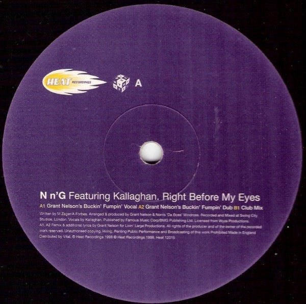 Image of Front Cover of 12" - /G - N N'G FEATURING KALLAGHAN, Right Before My Eyes (Heat Recordings; Heat 12015, UK 1998, Plain Sleeve), Extensively scuffed and marked.,  - 3916015C