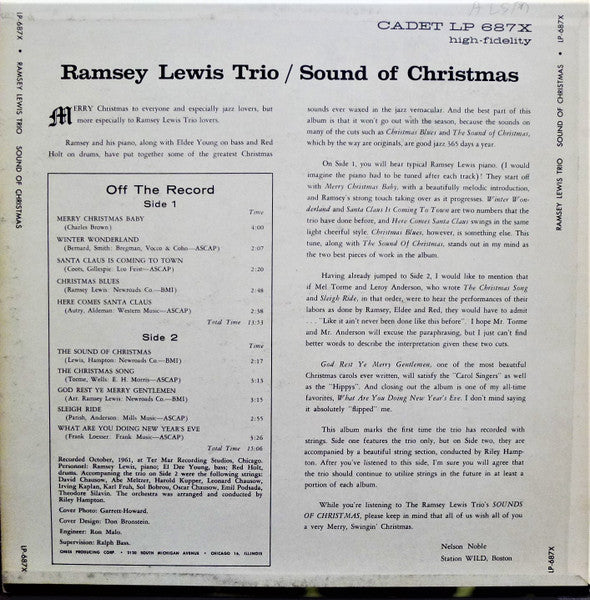 Image of Back Cover of LP - G+/VG - THE RAMSEY LEWIS TRIO, Sound Of Christmas (Cadet; LPS-687X, US 1965), Light hairlines. Sleeve has ringwear, discolouration, small bit of front sleeve image torn off.,  - 3926007E