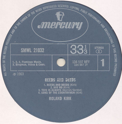 Image of Label Cover of LP - VG/VG - ROLAND KIRK, Reeds And Deeds (Mercury; SMWL 21032, UK 1963), ,  - 3926009E