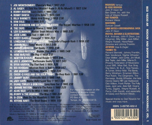 Image of Back Cover of CD - VG+/VG+ - VARIOUS, Rockin' And Boppin' In The Desert : Arizona Rockabilly, Vol.1 (Bear Family Records; BCD 16230 AR, Germany 1999, Digipak, Booklet), ,  - 3916031C