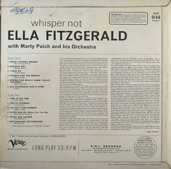 Image of Back Cover of LP - VG/G+ - ELLA FITZGERALD WITH MARTY PAICH AND HIS ORCHESTRA, Whisper Not (Verve Records; SVLP.9148, UK 1966), ,  - 3926011E