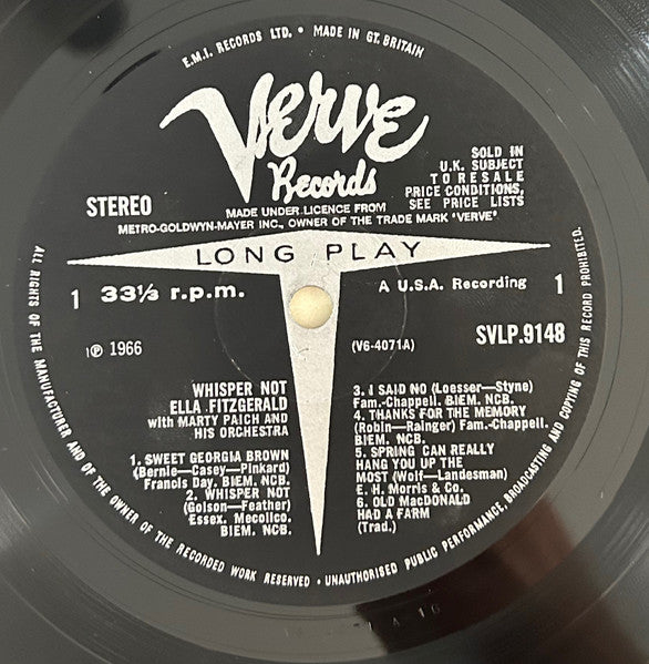 Image of Label Cover of LP - VG/G+ - ELLA FITZGERALD WITH MARTY PAICH AND HIS ORCHESTRA, Whisper Not (Verve Records; SVLP.9148, UK 1966), ,  - 3926011E