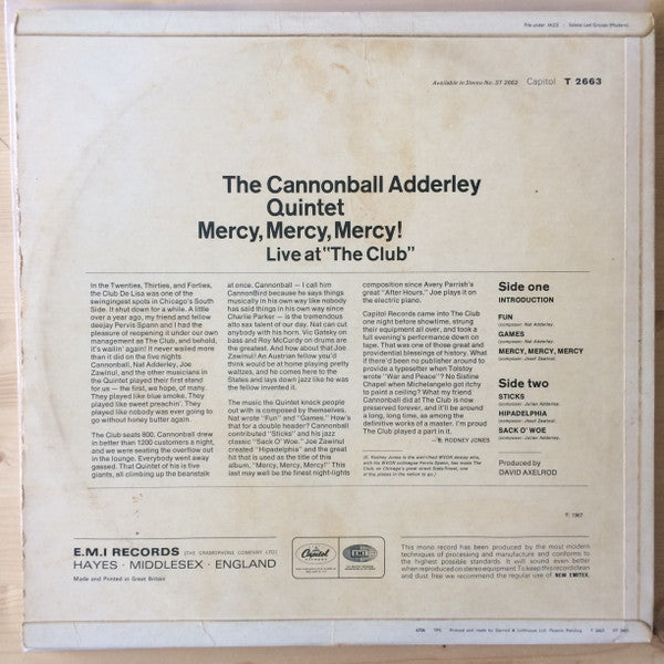 Image of Back Cover of LP - VG/VG - THE CANNONBALL ADDERLEY QUINTET, Mercy, Mercy, Mercy! (Live At "The Club") (Capitol Records; T 2663, UK 1967), ,  - 3926012E
