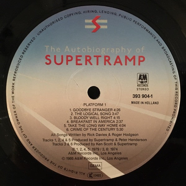 Image of Label Cover of LP - VG+/VG+ - SUPERTRAMP, The Autobiography Of Supertramp (A&M Records; 393 904-1, Germany 1986, Made in Holland on labels (for Germany).), ,  - 3926019E