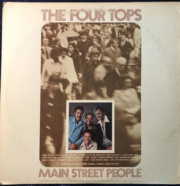 Image of Back Cover of LP - VG/VG - THE FOUR TOPS, Main Street People (ABC Command Quadraphonic; CQD-40012, US 1974, Gatefold, Company Inner, Quadraphonic), Light hairlines. Company inner torn on one side. Sleeve corner cut bottom left. Mild discolouration.,  - 3926023E