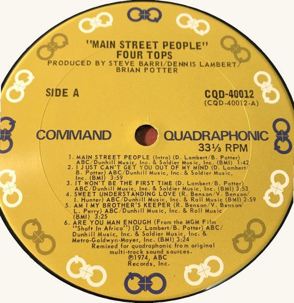 Image of Label Cover of LP - VG/VG - THE FOUR TOPS, Main Street People (ABC Command Quadraphonic; CQD-40012, US 1974, Gatefold, Company Inner, Quadraphonic), Light hairlines. Company inner torn on one side. Sleeve corner cut bottom left. Mild discolouration.,  - 3926023E