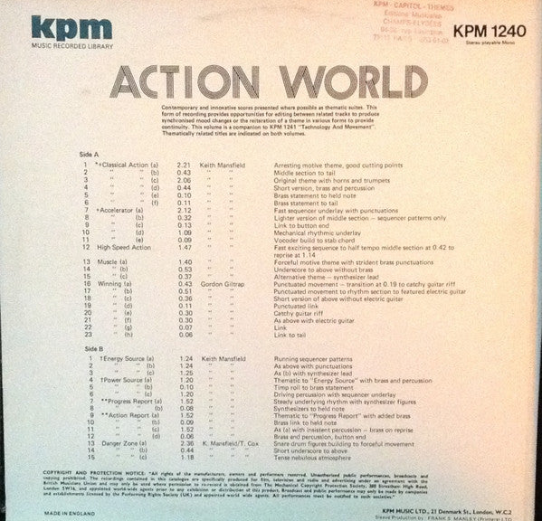 Image of Back Cover of LP - VG/VG+ - VARIOUS, Action World (KPM Music; KPM 1240, UK 1980), ,  - 3946087S