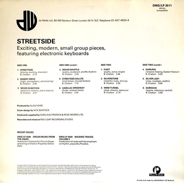 Image of Back Cover of LP - VG/VG+ - B. CHATTON, Streetside (Music De Wolfe; DWS/LP 3511, UK 1983), Ring Wear,  - 3946089S
