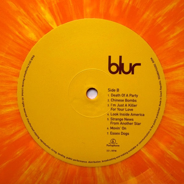 Image of Label Cover of LP - NEW/NEW - BLUR, Blur (Parlophone; 5026854743202, USA & Europe 2026 Reissue, Gatefold, Remastered, Half Speed Master, Orange with Yellow Splatter Vinyl), ,  - 3836068E