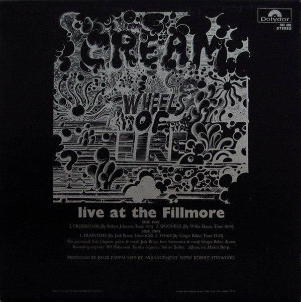 Image of Back Cover of LP - VG/VG+ - CREAM, Wheels Of Fire (Live At The Fillmore) (Polydor Red Labels With Bold Font, Large Phonographic Logo & Publisher Credits On One Line; 583-040, UK 1973 Reissue, E.J. Day Sleeve), Light sleeve wear only,  - 3916058C