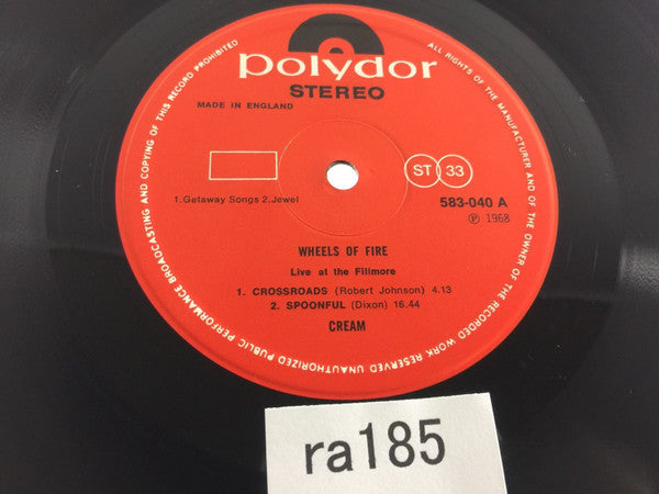 Image of Label Cover of LP - VG/VG+ - CREAM, Wheels Of Fire (Live At The Fillmore) (Polydor Red Labels With Bold Font, Large Phonographic Logo & Publisher Credits On One Line; 583-040, UK 1973 Reissue, E.J. Day Sleeve), Light sleeve wear only,  - 3916058C