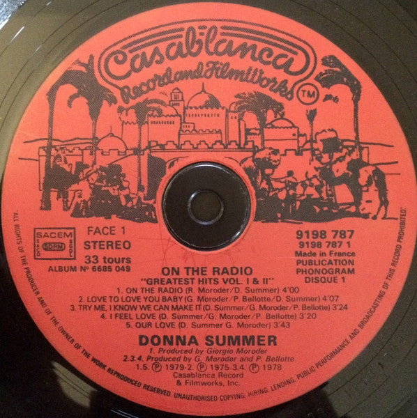Image of Label Cover of 2xLP - G+/VG - DONNA SUMMER, On The Radio - Greatest Hits Volumes I & II (Casablanca; 6685 049, France 1979), Sleeve has ringwear, edgewear, creasing. Record has light hairlines.,  - 3926028E