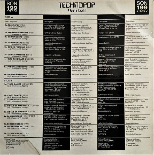 Image of Back Cover of LP - VG+/VG+ - VEE DEE U, Technopop (Sonoton; SON 199, Germany 1983), Stickered Sleeve,  - 3946100S