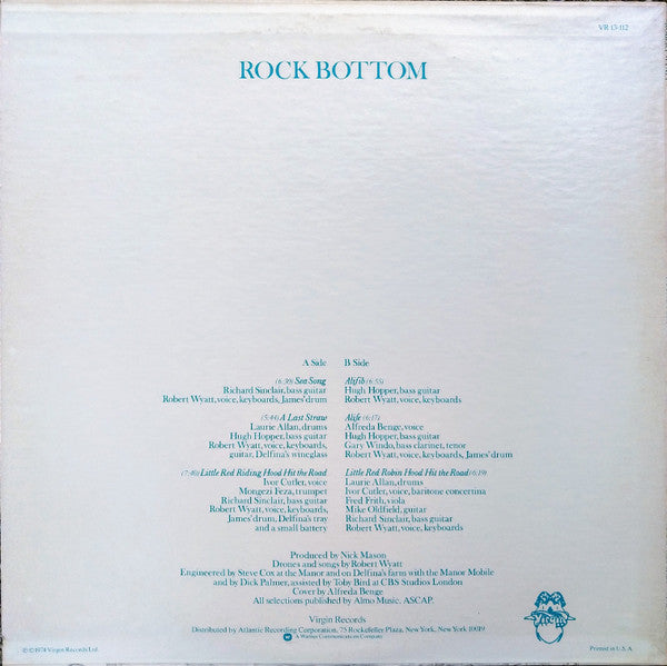 Image of Back Cover of LP - VG/G+ - ROBERT WYATT, Rock Bottom (Virgin Twin Labels With Atlantic Distribution; VR 13-112, US 1974, Richmond Pressing), A few light marks, Strong G+, Hole punch to sleeve, Nice Atlantic Co. inner ,  - 3916060C
