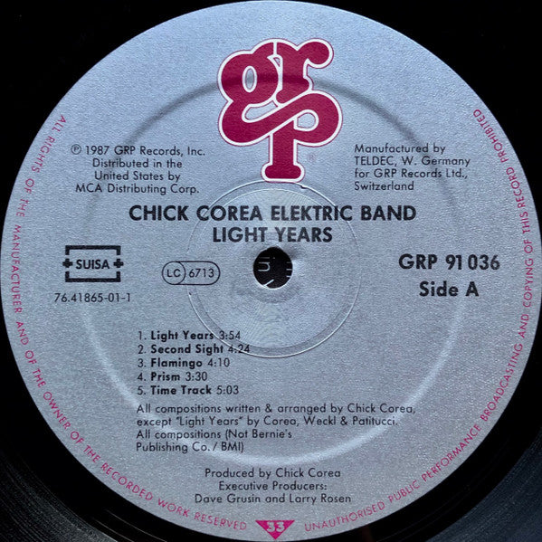 Image of Label Cover of LP - VG/VG - CHICK COREA ELEKTRIC BAND, Light Years (GRP; GRP 91036, Switzerland 1987, Inner), ,  - 3926076E