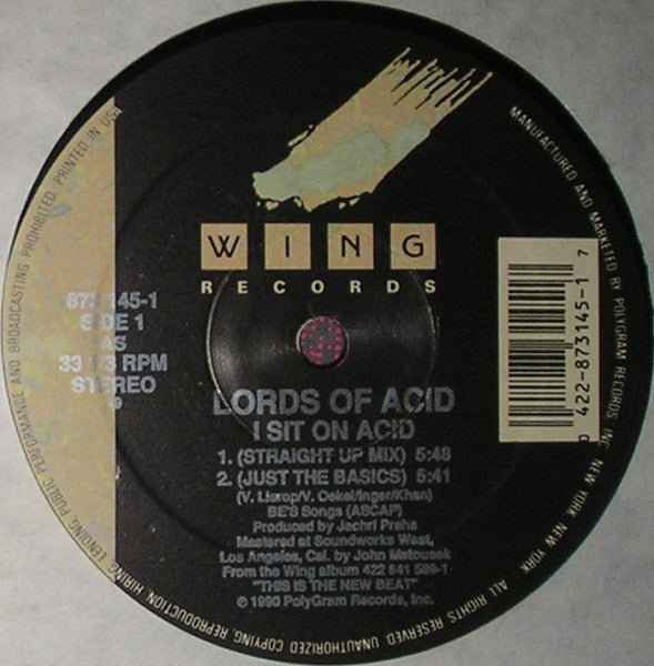 Image of Label Cover of LP - VG+/VG+ - LORDS OF ACID, I Sit On Acid (Wing Records; 873 145-1, US 1990), ,  - 3926077E
