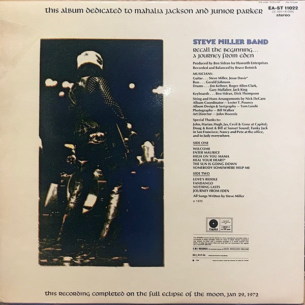 Image of Back Cover of LP - VG/VG - STEVE MILLER BAND, Recall The Beginning...A Journey From Eden (Capitol Records Orange Labels; EA-ST 11022, UK 1972, Laminated Gatefold Sleeve), ,  - 3916062C