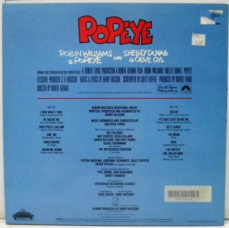 Image of Back Cover of LP - VG/EX - VARIOUS, Popeye - Original Motion Picture Soundtrack Album (Epic; S EPC 70203, UK 1980, Promo Stamped Sleeve), Edge Wear, Marks On Back Sleeve,  - 3946113S