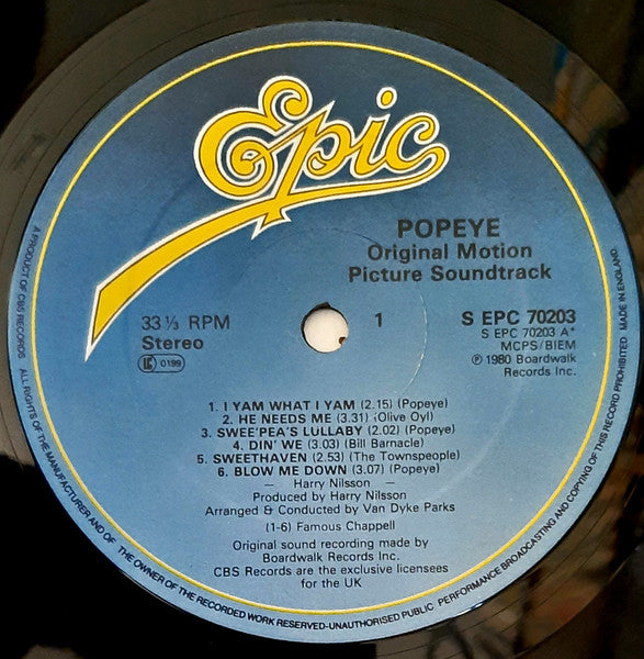 Image of Label Cover of LP - VG/EX - VARIOUS, Popeye - Original Motion Picture Soundtrack Album (Epic; S EPC 70203, UK 1980, Promo Stamped Sleeve), Edge Wear, Marks On Back Sleeve,  - 3946113S
