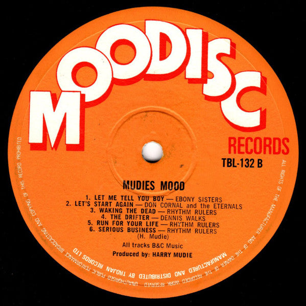 Image of Label Cover of LP - /VG - RHYTHM RULERS*, Mudies Mood (Moodisc; TBL 132, UK 1970), 12 inch sleeve only, no original cover. SWOL. A few hairline marks, does not affect play. , A1	Rhythm Rulers* 	Mudies MoodA2	Dennis Walks 	Heart Don't LeapA3	Rhythm Rulers* 	Power PackA4	Lloyd Jones (2) 	RomeA5	Rhythm Rulers* 	MannixA6	Rhythm Rulers* 	Musically RedB1	Ebony Sisters* 	Let Me Tell You BoyB2	Don Cornal And The Eternals* 	Lets Start AgainB3	Rhythm Rulers* 	Walking The DeadB4	Dennis Walks 	The Dr