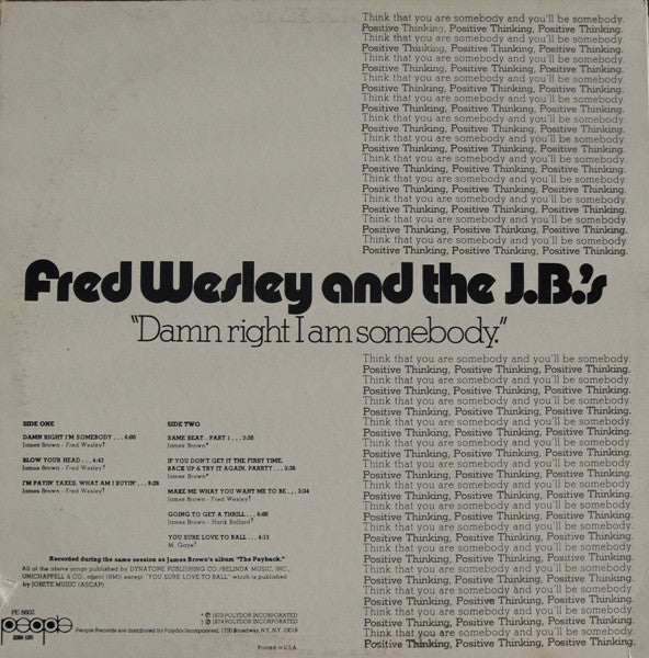 Image of Back Cover of LP - VG/VG - FRED WESLEY AND THE J.B.'S, Damn Right I Am Somebody (People; PE 6602, US 1974, All Disc pressing), Light hairlines. Sleeve has edgewear and some discolouration. ,  - 3926089E