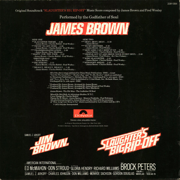 Image of Back Cover of LP - G+/VG - JAMES BROWN, Slaughter's Big Rip-Off (Polydor Red Label; 2391 084, Germany 1973, Laminated Sleeve), Light hairlines. Sleeve crudely taped with black tape at top and bottom. Permanent sticker from previous owner on rear.,  - 3926090E