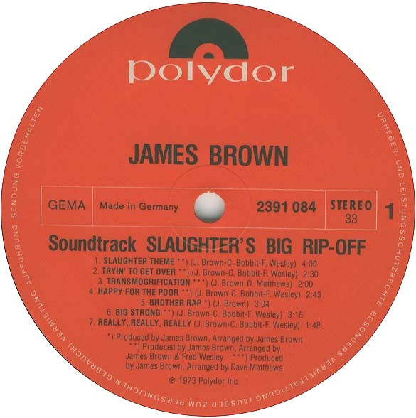 Image of Label Cover of LP - G+/VG - JAMES BROWN, Slaughter's Big Rip-Off (Polydor Red Label; 2391 084, Germany 1973, Laminated Sleeve), Light hairlines. Sleeve crudely taped with black tape at top and bottom. Permanent sticker from previous owner on rear.,  - 3926090E