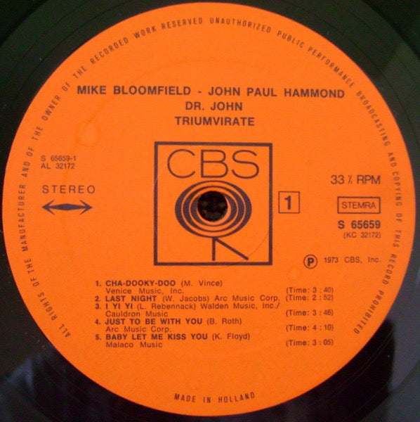 Image of Label Cover of LP - VG/G - MIKE BLOOMFIELD, JOHN PAUL HAMMOND, DR. JOHN, Triumvirate (CBS Orange Labels; S 65659, Netherlands 1973, Company Inner), Light marks only,  - 3916066C