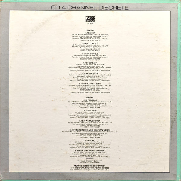 Image of Back Cover of LP - VG+/VG - ARETHA FRANKLIN, The Best Of Aretha Franklin (Atlantic (Blue and Brown); QD8305, US 1973, Quadraphonic), Includes the rare unedited version of 'Chain Of Fools' and an extended version of 'Rock Steady' with the Memphis Horns. ,  - 3926095E
