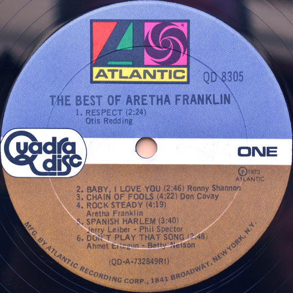 Image of Label Cover of LP - VG+/VG - ARETHA FRANKLIN, The Best Of Aretha Franklin (Atlantic (Blue and Brown); QD8305, US 1973, Quadraphonic), Includes the rare unedited version of 'Chain Of Fools' and an extended version of 'Rock Steady' with the Memphis Horns. ,  - 3926095E