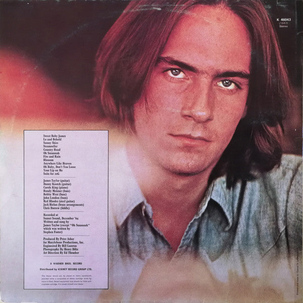 Image of Back Cover of LP - VG/VG - JAMES TAYLOR, Sweet Baby James (Warner Bros. Records Green Labels; K 46043, UK 1972 Reissue), A few light marks, Patented inner has been cut into round shape,  - 3916068C