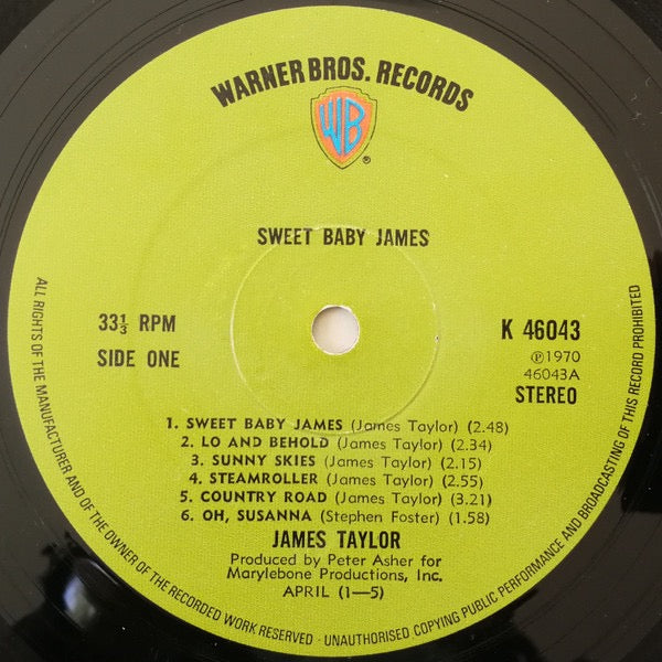 Image of Label Cover of LP - VG/VG - JAMES TAYLOR, Sweet Baby James (Warner Bros. Records Green Labels; K 46043, UK 1972 Reissue), A few light marks, Patented inner has been cut into round shape,  - 3916068C