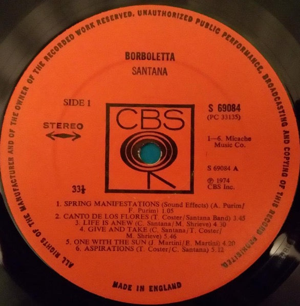 Image of Label Cover of LP - VG/VG - SANTANA, Borboletta (CBS Orange Labels; S 69084, UK 1974, Hype Stickered Metallic Sleeve, Insert, B Price Code), Strong VG Disc, Sleeve has ring wear and some tape residue bottom,  - 3916070C