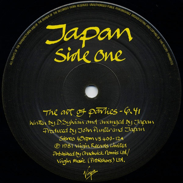 Image of Label Cover of 12" - VG/VG - JAPAN, The Art Of Parties (Virgin; VS 409-12, UK 1981, Picture Sleeve, CBS Aston Clinton Pressing), Light mottling to disc, Hype stickered sleeve,  - 3916072C