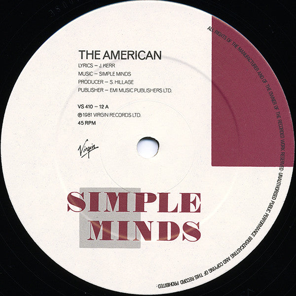 Image of Label Cover of 12" - VG/VG - SIMPLE MINDS, The American (Virgin; VS 410-12, UK 1981, Hype Stickered Picture Sleeve, Townhouse Cut Both Sides), Strong VG,  - 3916075C