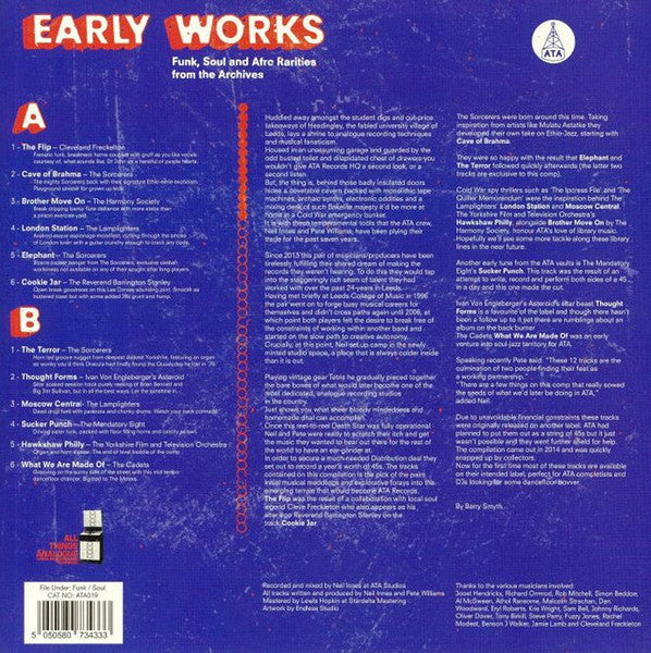 Image of Back Cover of LP - VG/VG+ - VARIOUS, Early Works: Funk, Soul And Afro Rarities From The Archives (ATA Records; ATA019, UK 2020 Reissue), Light edge wear. Very light wear to disc.,  - 3946155S
