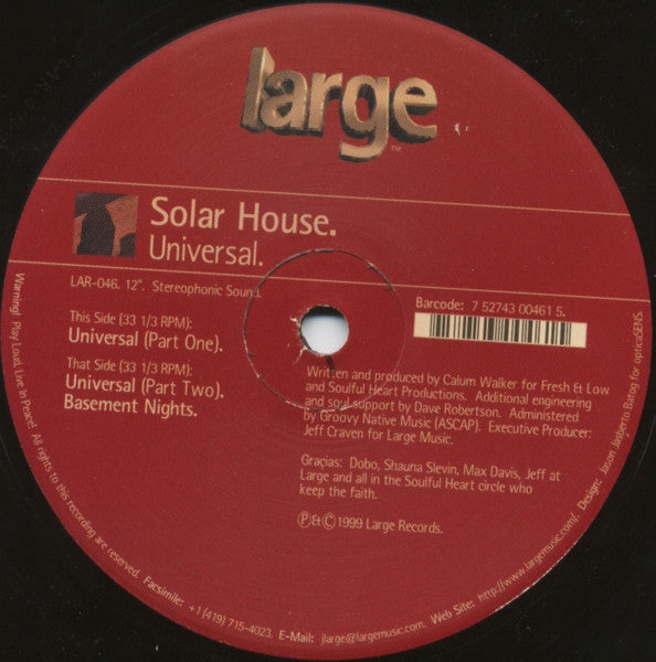 Image of Front Cover of 12" - VG/VG - SOLAR HOUSE, Universal (Large Records ; LAR-046, US 1999, Stickered Plain Sleeve), light marks only. original stickered sleeve - some creasing/damage to sleeve opening,  - 3946172S