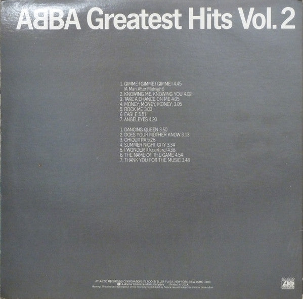 Image of Back Cover of LP - G+/VG - ABBA, Greatest Hits Vol. 2 (Atlantic Green & Orange Labels With SP; SD 16009, US 1979, Gatefold, Inner), Light marks, Sleeve intact but a bit worn, Inner has small split, With groovy merch insert,  - 3916078C