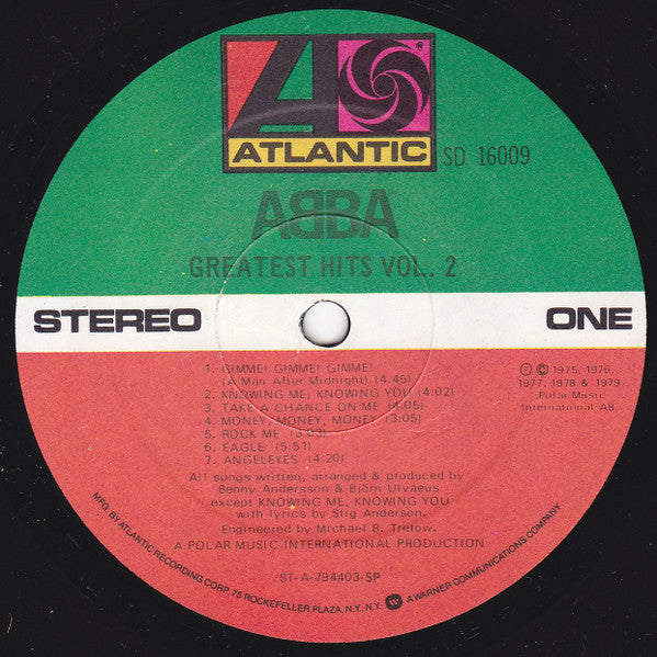 Image of Label Cover of LP - G+/VG - ABBA, Greatest Hits Vol. 2 (Atlantic Green & Orange Labels With SP; SD 16009, US 1979, Gatefold, Inner), Light marks, Sleeve intact but a bit worn, Inner has small split, With groovy merch insert,  - 3916078C
