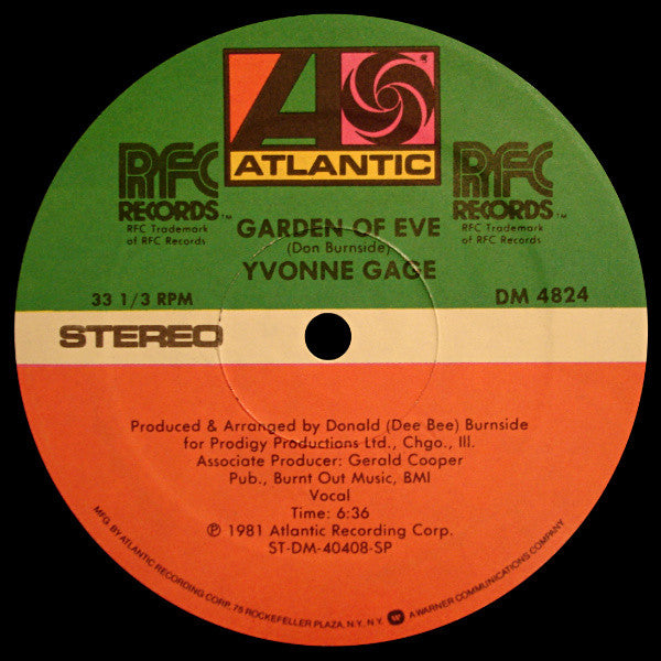 Image of Front Cover of 12" - VG+/VG+ - YVONNE GAGE, Garden Of Eve (Atlantic ; DM 4824, US 1981, Company Sleeve, Inner), original company sleeve. printed inner - edge tears ,  - 3946223S