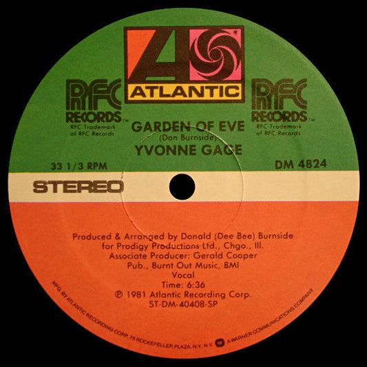 Image of Front Cover of 12" - VG+/VG+ - YVONNE GAGE, Garden Of Eve (Atlantic ; DM 4824, US 1981, Company Sleeve, Inner), original company sleeve. printed inner - edge tears ,  - 3946223S