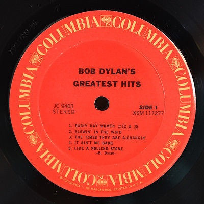 Image of Label Cover of LP - VG/VG - BOB DYLAN, Bob Dylan's Greatest Hits (Columbia Red Labels With Yellow Rim Text; JC 9463, US 1970s Reissue, Poster), Strong VG, A few wispy marks, Lightly worn sleeve, Poster intact but has light crease to one panel,  - 3916190C