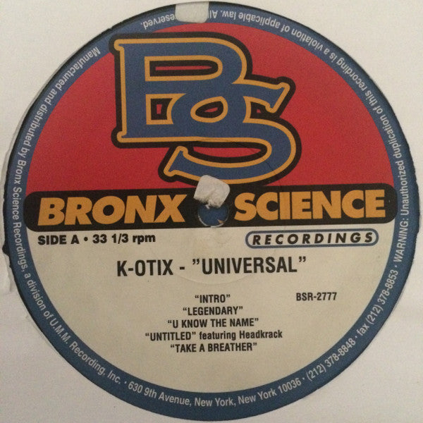 Image of Label Cover of 2xLP - VG/VG - K-OTIX, Universal (Bronx Science Recordings; BSR-2777, US 2001, Picture Sleeve), Light marks only, sleeve has edgewear to the open side.,  - 3926065E