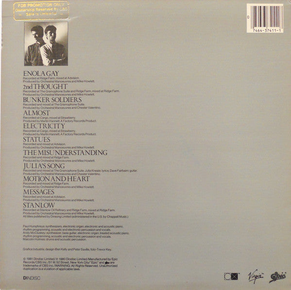 Image of Back Cover of LP - VG+/VG+ - ORCHESTRAL MANOEUVRES IN THE DARK, O.M.D. (Epic ; FE 37411, US 1981), Slight Ring Wear,  - 3926229E