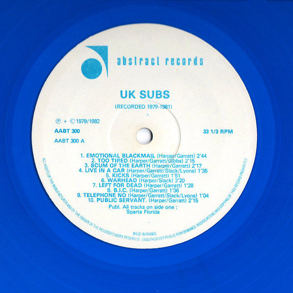 Image of Label Cover of LP - VG/VG+ - U.K. SUBS, Recorded 1979 - 1981 (Abstract Sounds; AABT 300 , UK 1982, Blue Vinyl, No Stencil), Stickered Sleeve, Strong VG+, Sleeve Creased,  - 3926228E