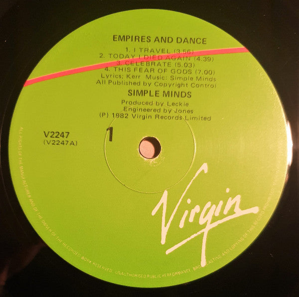 Image of Label Cover of LP - VG/VG+ - SIMPLE MINDS, Empires And Dance (Virgin; V-2247, New Zealand 1980s Reissue, Inner), Sticker Residue on Sleeve, Writing On Rear Sleeve,  - 3926219E