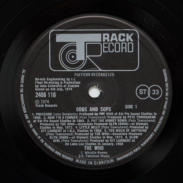 Image of Label Cover of LP - VG+/EX - THE WHO, Odds & Sods (Track; 2406 116, UK 1980 Reissue, Non Die Cut Sleeve, Insert, Poster), ,  - 3926206E